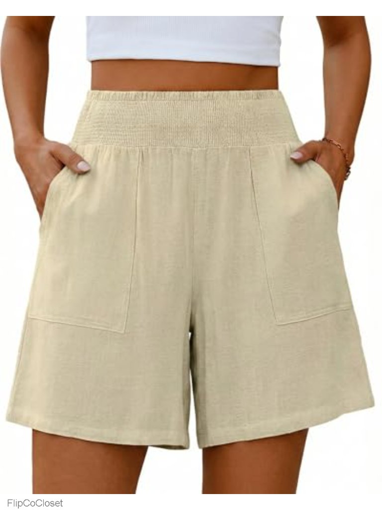 Elastic High Waisted Linen Shorts With Pockets Smocked Cargo Wide Leg